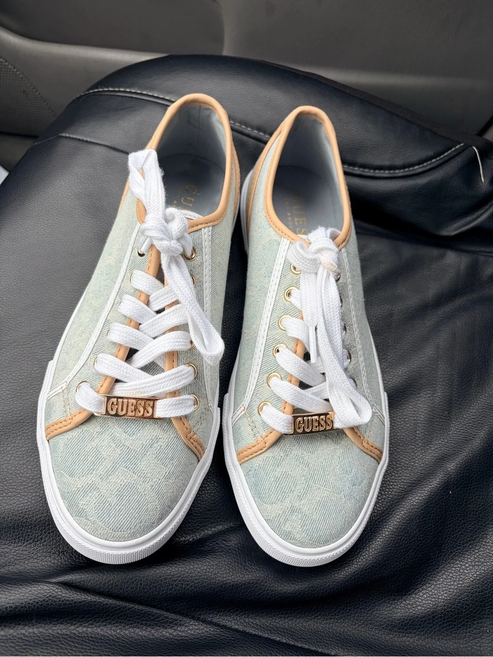 GUESS Light Blue Denim Low-Top Sneakers with Tan Trim